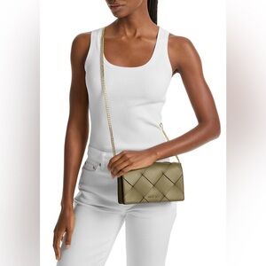 Michael Kors Jet Set Woven Leather Chain Crossbody Safari Green NWT $298